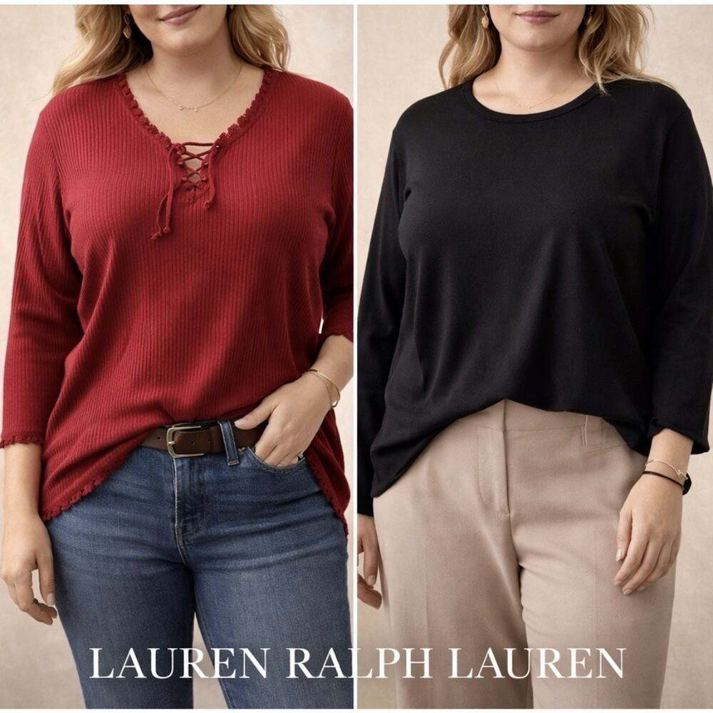 2 Lauren Ralph Lauren Sz XL Burgandy Rib Knit Lace Up V Neck, Black Round Neck T
